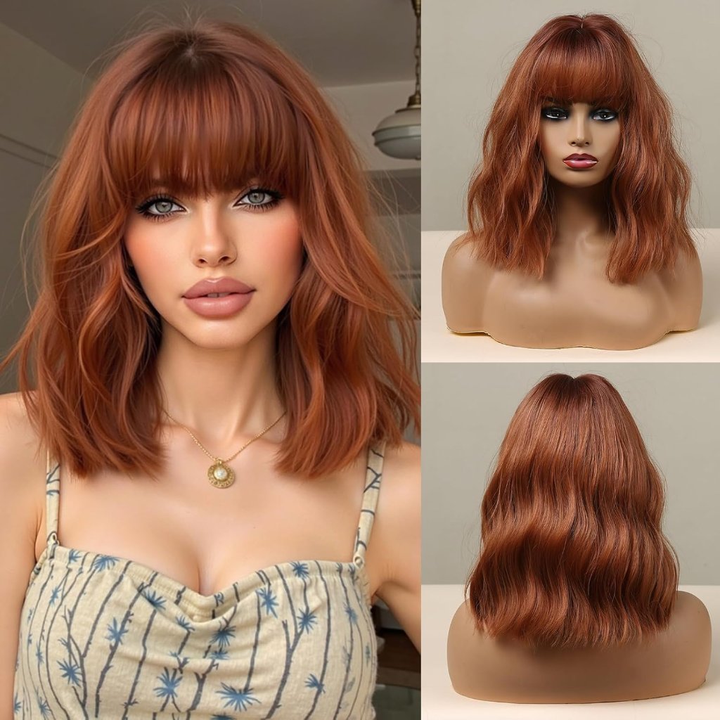 14 Inches Short Auburn Wig With Fringe For Women Natural Synthetic Hair Ombre Wi